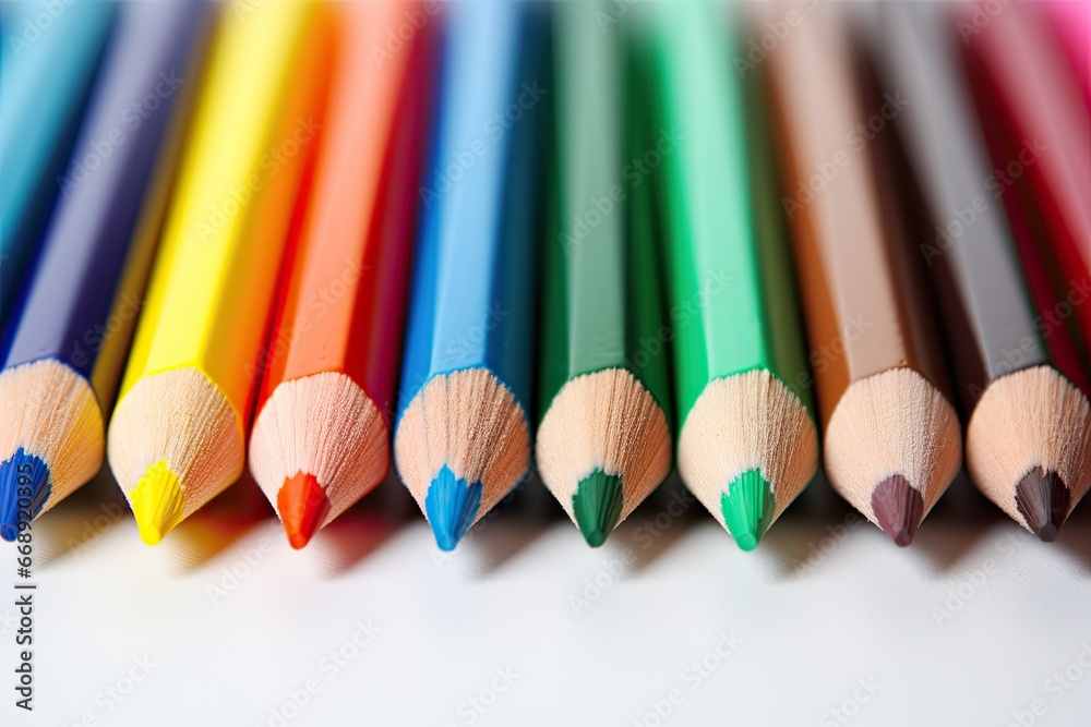 Colored pencils creatively arranged, captured in a close-up shot to highlight their intricate, vibrant hues and the artistic possibilities they hold. Colored pencils creatively arranged, captured in a close-up shot to highlight their intricate, vibrant hues and the artistic possibilities they hold.