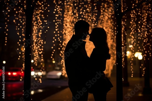 A romantic silhouette of a couple sharing a tender moment, framed against the vibrant backdrop of twinkling holiday lights