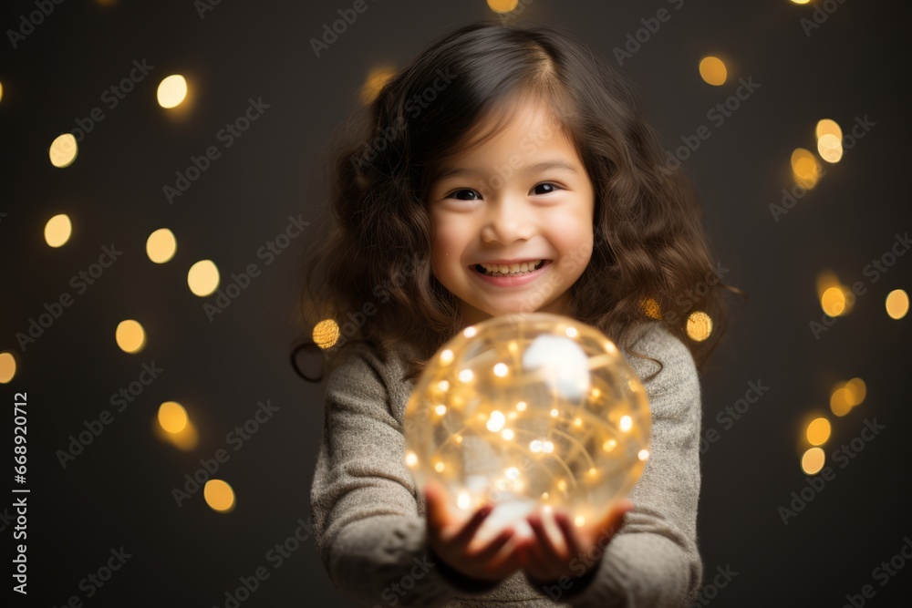 Naklejka premium A Delighted Asian Child Holding a Shimmering Gold Star in a Festive Christmas Studio Setup Filled with Twinkling Lights and Decorations