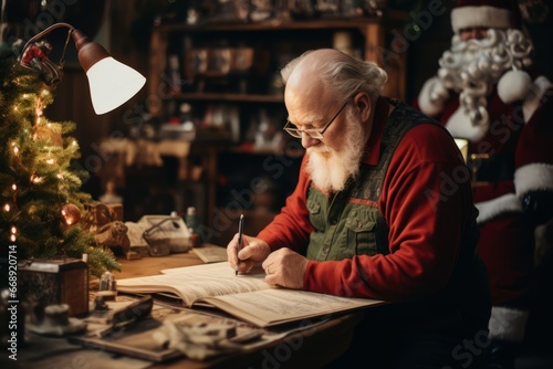 A heartwarming scene of an elderly gentleman engrossed in reading a Christmas list  surrounded by a vintage wooden setup in a cozy Christmas studio