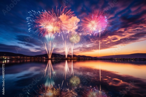 A Spectacular New Year s Celebration Captured in a Photo of Fireworks Bursting in the Sky  Reflecting Over a Tranquil Lake or River