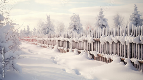 A frigid winter wonderland of frosted trees and a snow-covered fence, embraced by a blizzard-filled sky and guarded by a solitary building, all amidst the wild landscape of nature
