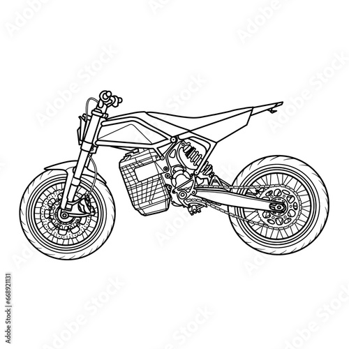 Electric futuristic dirt bike concept. Electric Bike hand drawn sketch, suitable for your custom electric motorcycle, outline vector illustration, side view, isolated with white background