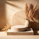 display product podium in round beige stone with dry flowers in aesthetic vase. can be use for jewelery or luxury product
