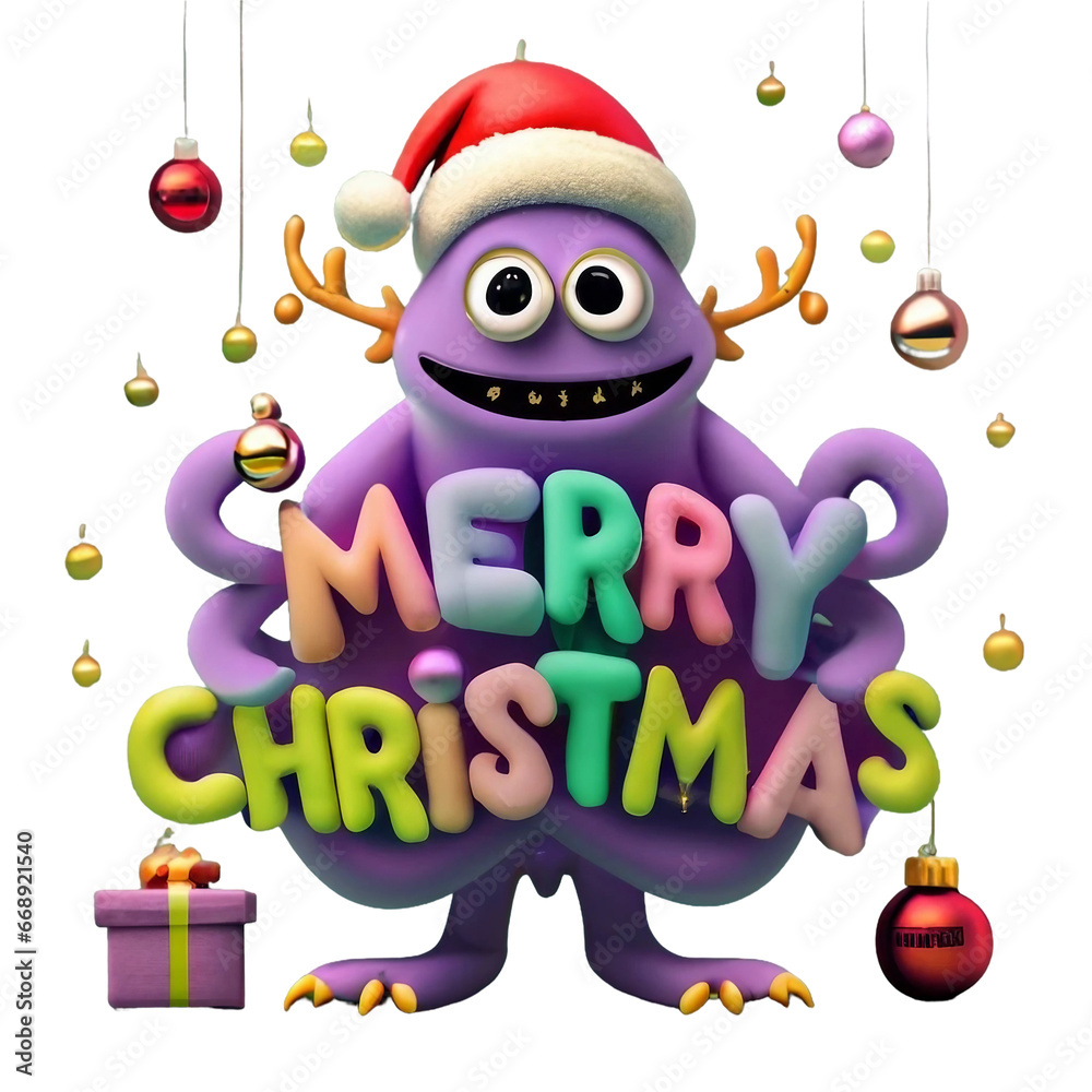 Merry Christmas and monster smile pastel colors, lettering for greeting cards, PNG