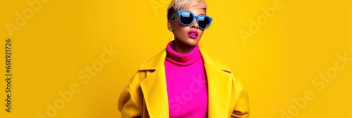 Black Woman Yellow Banner Bright Trendy Fashion Colors Background Generative AI