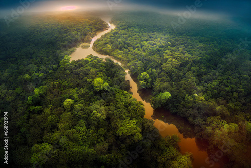 Aerial view of green forest and yellow river in the rainforest, summer time nature landscape, above view on tropical jungle © annzabella