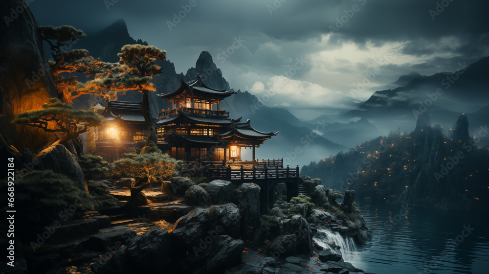 japan temple at night - obrazy, fototapety, plakaty 