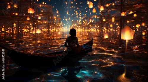 Meditative Journey: Silhouette of a Woman in Canoe Under a Canopy of Sparkling Light, A Serene River Adventure