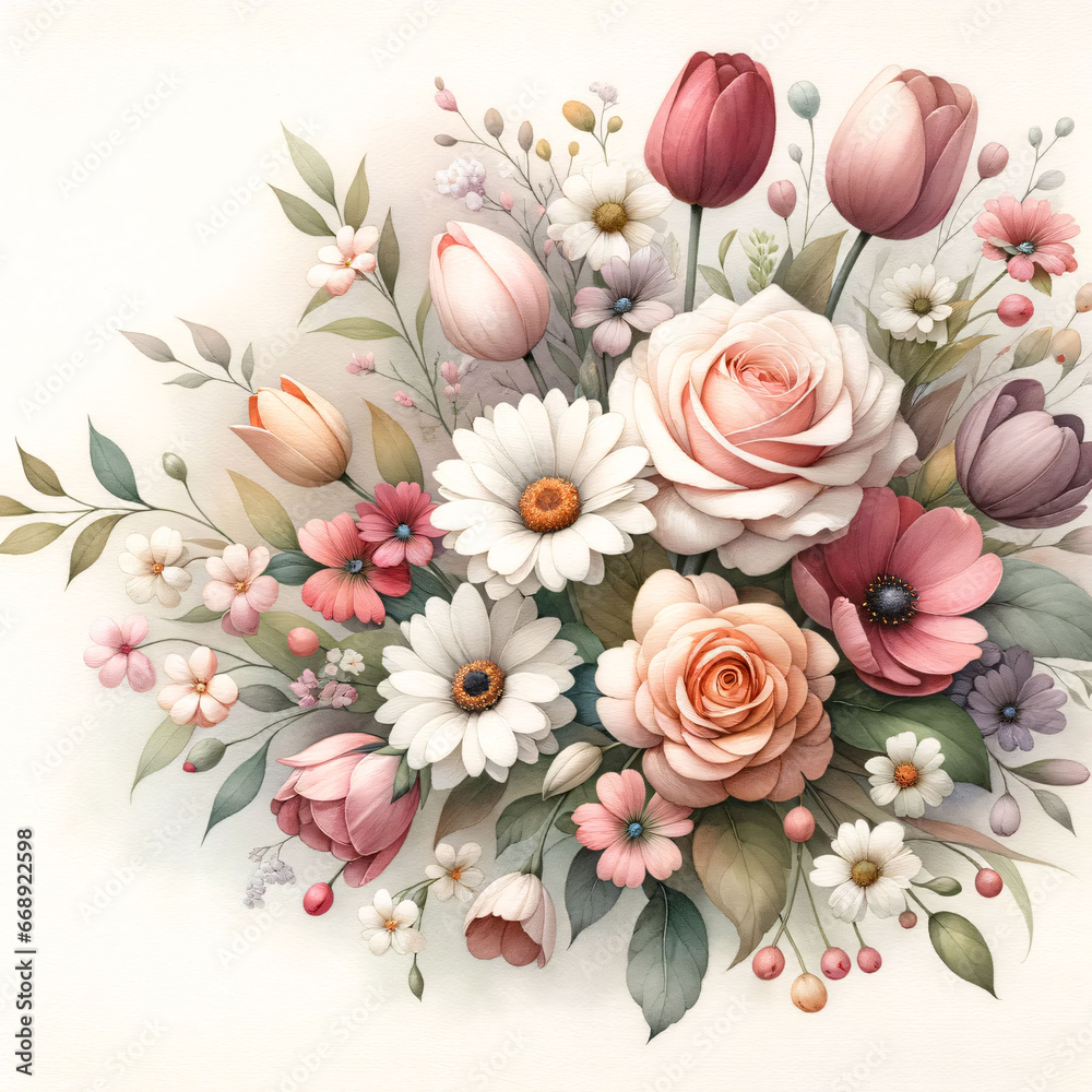 Watercolor illustration on white paper of a bouquet of flowers, including roses, tulips, and daisies, set against a soft, muted background