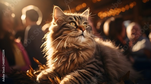 Sunny Feline Focus: Cat Basking in Sunlight with People in Dynamic Blur Background