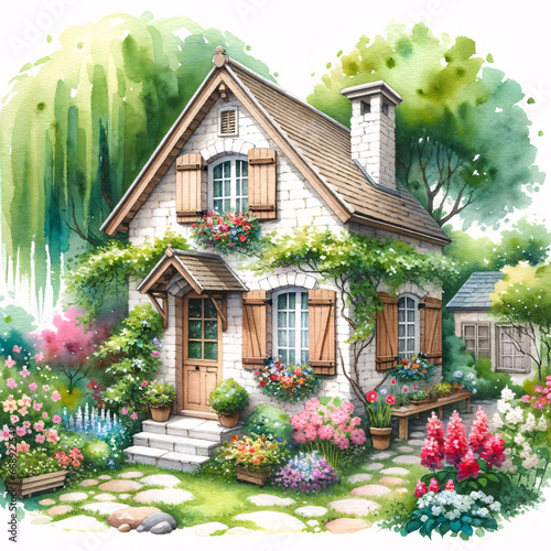 A quaint little building with wooden shutters, nestled amidst a garden with blooming flowers