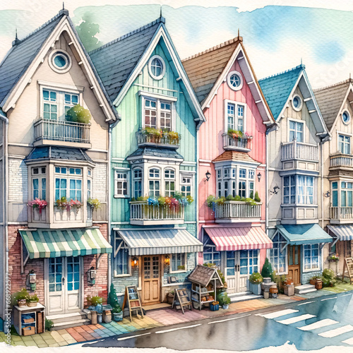 Watercolor painting of four quaint small buildings, each with its unique design and colors, lined up side by side on a village street