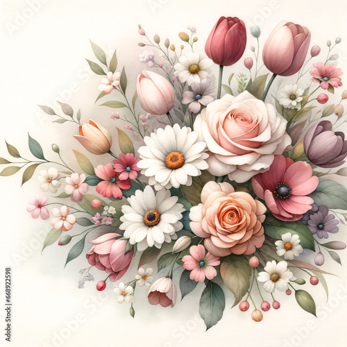 Watercolor illustration on white paper of a bouquet of flowers  including roses  tulips  and daisies  set against a soft  muted background