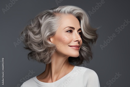 Middle-aged woman with timeless beauty, white hair, and smooth, healthy skin generative ai