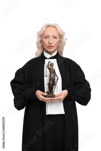 Senior judge with figure of Lady Justice on white background