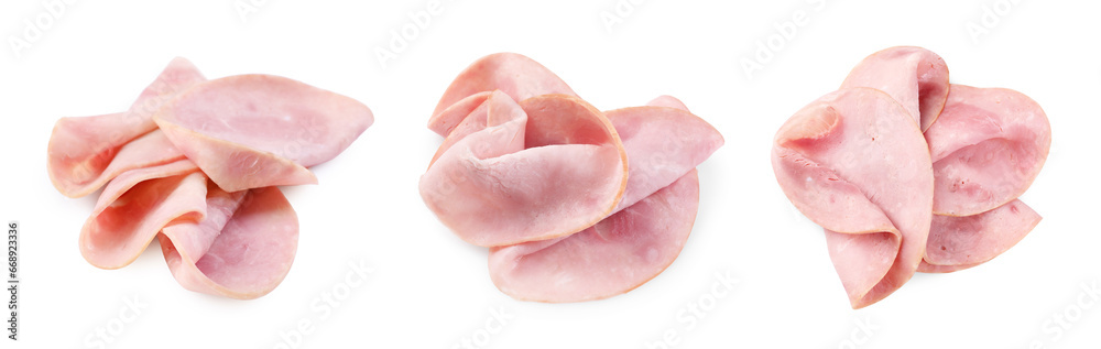 Slices of tasty ham isolated on white, set