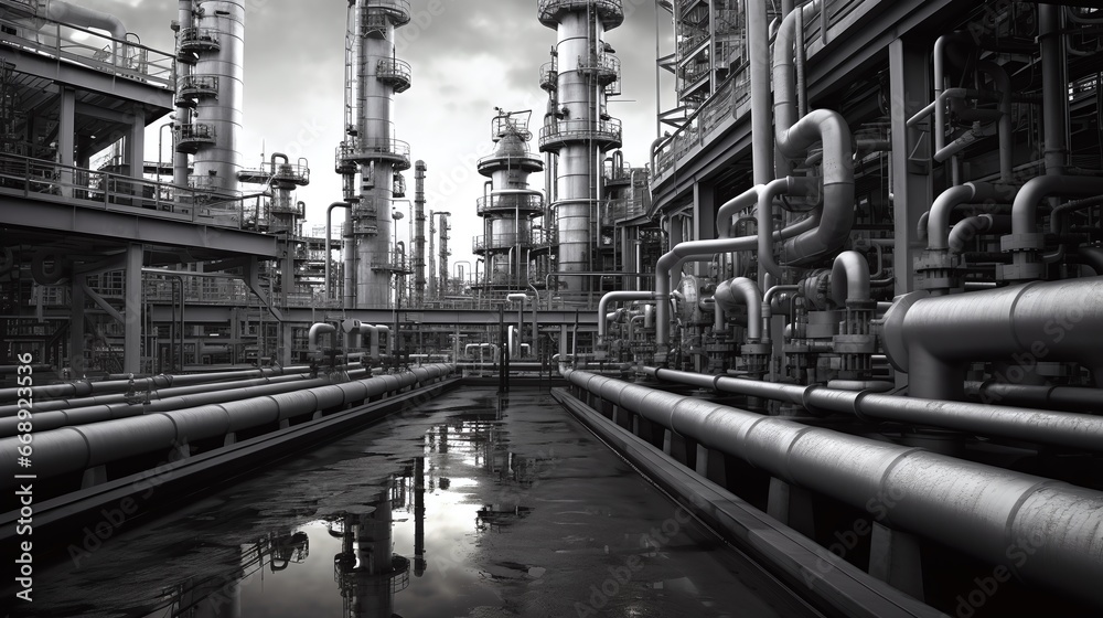 Industrial view of a pipeline in an oil refinery. Black and white Industrial view of a pipeline in an oil refinery. Black and white