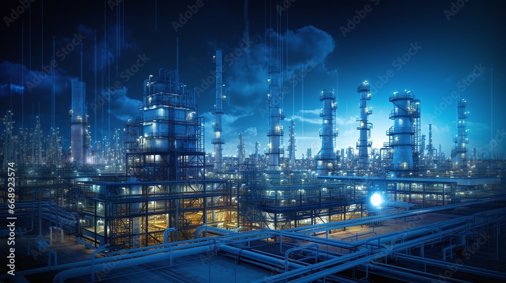 Industrial oil refinery at dusk. Oil energy