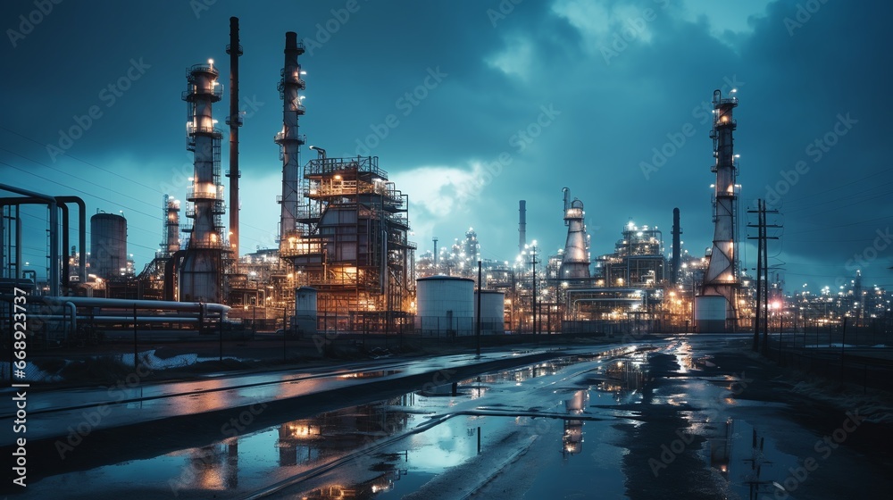 Industrial oil refinery. Industrial area at dusk. Oil energy Industrial oil refinery. Industrial area at dusk. Oil energy
