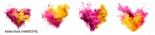 Set of pink and yellow color splashes in heart shape  Acrylic colors in water ink blot explosion elements for design  isolated on white and transparent background