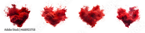 Set of red color splashes in heart shape, Acrylic colors in water ink blot explosion elements for design, isolated on white and transparent background