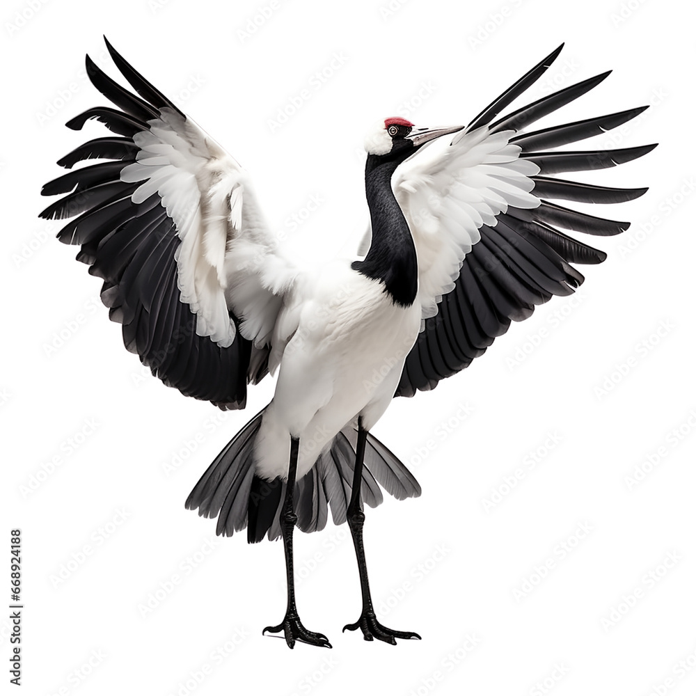 Fototapeta premium This is a photo-realistic image of a crane bird with its wings spread wide. The bird is standing on one leg with its head turned to the side. It has a black body and neck, and white wings.