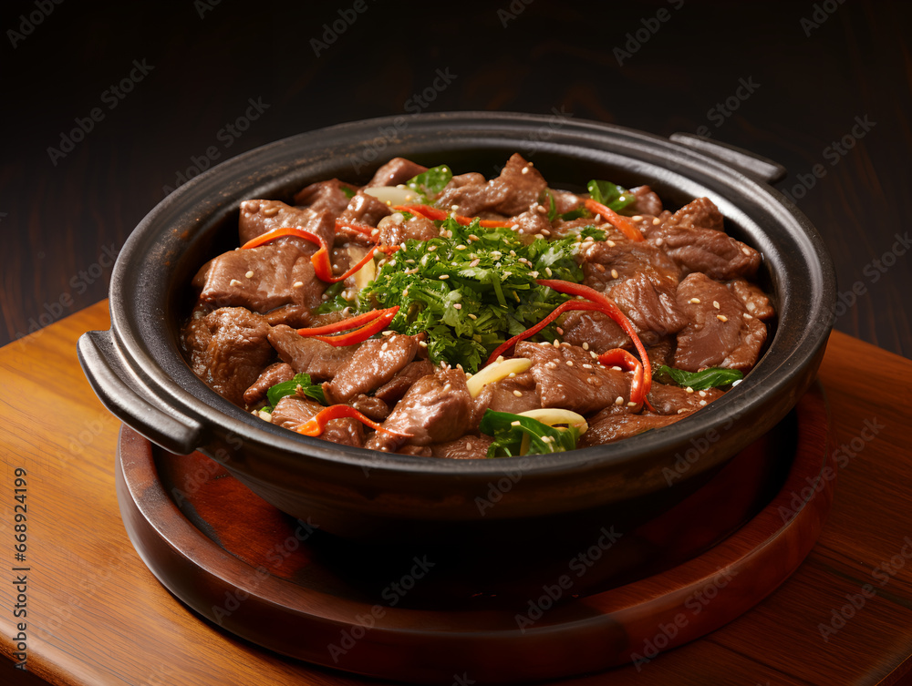 Sukiyaki is a popular Japanese hot pot dish consisting of thinly sliced beef simmered in a sweet and savory sauce with ingredients like tofu, noodles, mushrooms, and leafy vegetables.