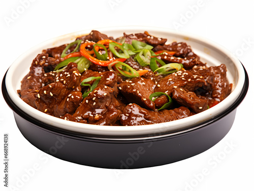 Mongolian beef is a savory and slightly sweet dish featuring tender slices of beef, typically flank steak, stir-fried with green onions and coated in a rich sauce made from soy sauce, garlic