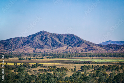 Farmland and Mount Gindiwarra near Rockhampton Queensland Australia.