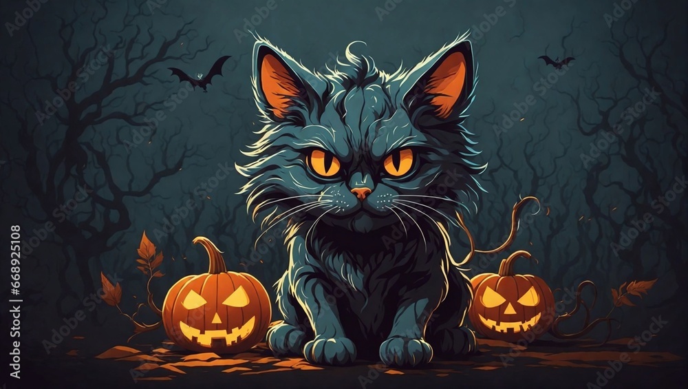 A scary cat Halloween character fantasy vector art.  