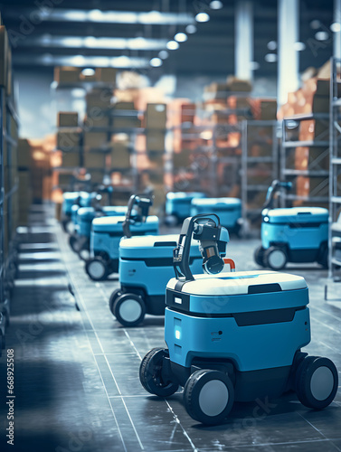 Autonomous robots in a factory warehouse, the future of industry, tech photo