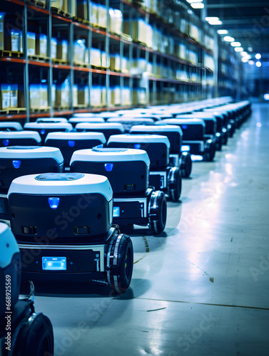 Autonomous robots in a factory warehouse, the future of industry, tech