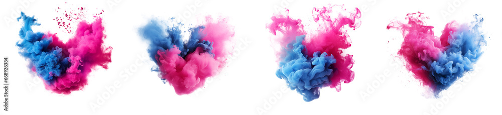 Fototapeta premium Set of pink and blue color splashes in heart shape, Acrylic colors in water ink blot explosion elements for design, isolated on white and transparent background