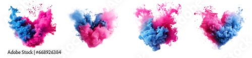 Set of pink and blue color splashes in heart shape, Acrylic colors in water ink blot explosion elements for design, isolated on white and transparent background