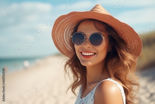summer holidays, vacation, travel and people concept - smiling young woman in hat and sunglasses on beach