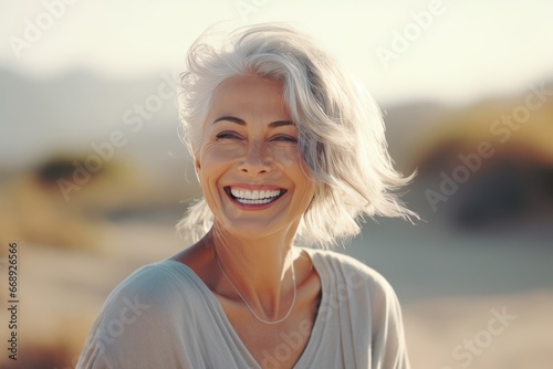 Portrait of a happy senior woman smiling at the camera on the beach