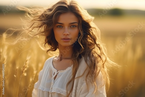 Portrait of a beautiful young woman in wheat field at sunset.
