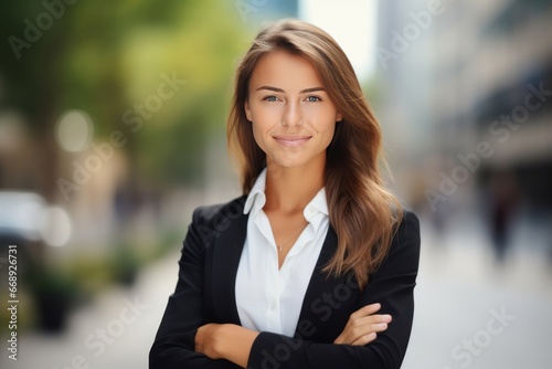business, people and office concept - smiling businesswoman over office background