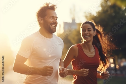 Young couple jogging in the city at sunset. Healthy lifestyle. photo