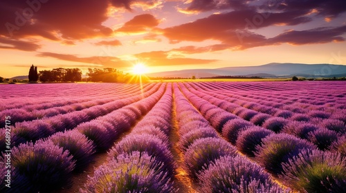 Beautiful view of sunset in lavender fields