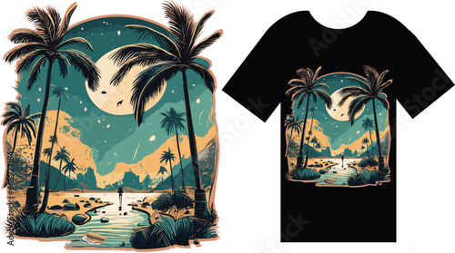 Get ready for summer with this t-shirt design showcasing a tropical scene and palm trees