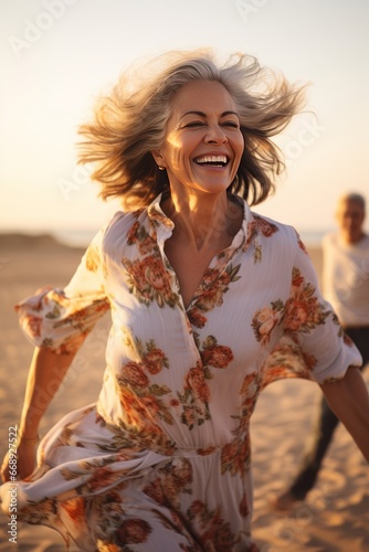 Portrait of a happy young woman running on the beach at sunset