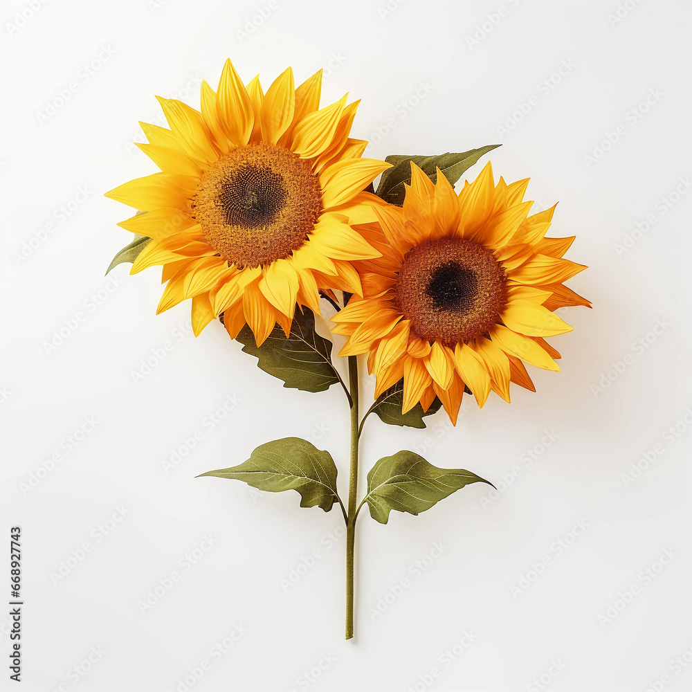 Obraz premium Sunflowers and leaves isolated on a white background, Yellow summer flower, Wall decoration photos, Generative AI. 