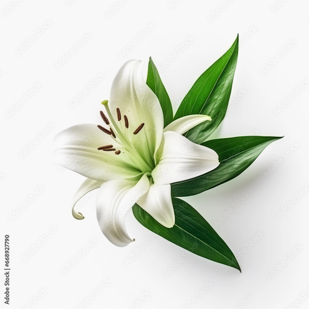 Obraz premium White Lilies flowers isolated on a white background, Wall decoration photos, Generative AI. 