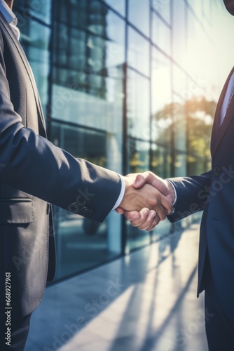 Businessman and businesswoman shaking hands on the background of office building