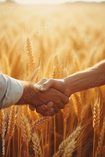 Close up of two men shaking hands on wheat field. Concept of friendship and partnership.