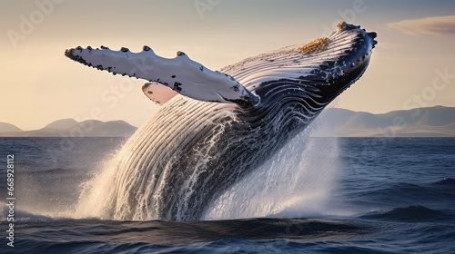 Whale jumping into the sea C lose shot of_a beautiful Majestic whale winter weather 