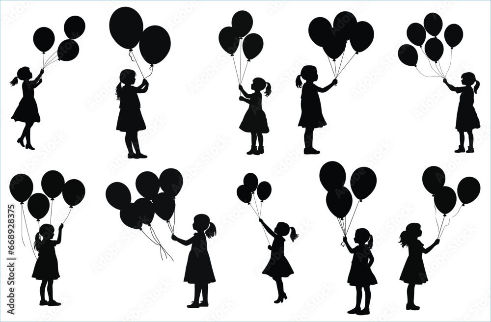 Girl holding balloons silhouette, children playing silhouettes Stock