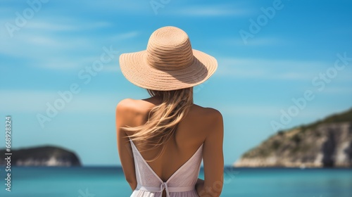 Back View of Unrecognizable French Model in Swimwear and Elegant Hat on Blue Lagoon. Generative AI